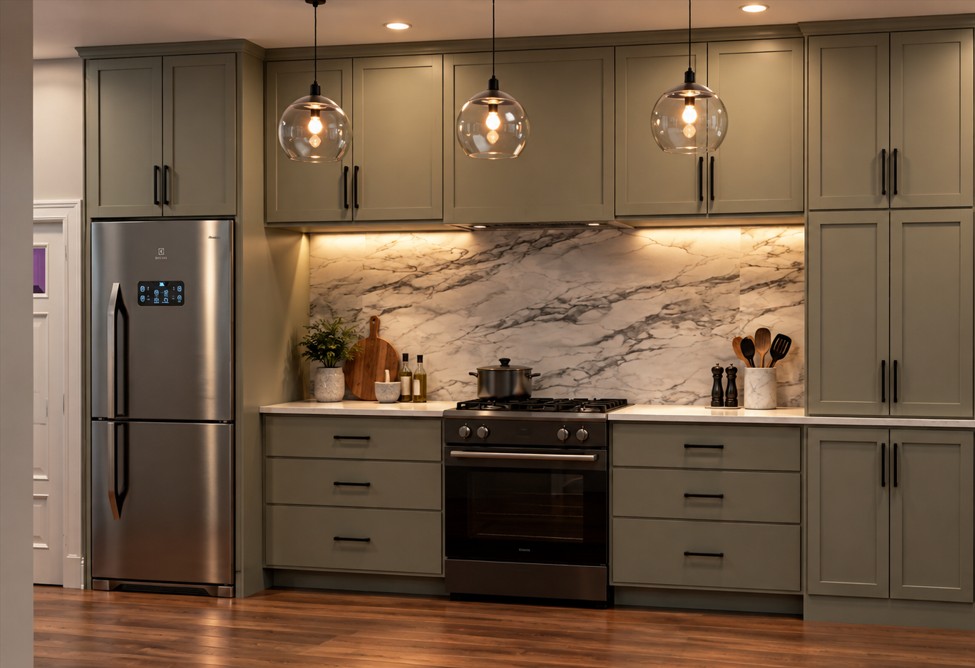 Sage green kitchen with marble backsplash, matte black hardware and glass globe pendants